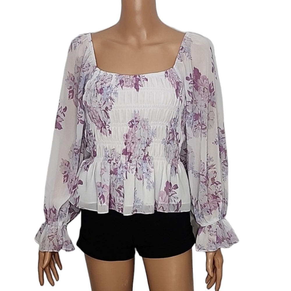 Lucy Paris Womens White/Blush/Purple Square Neck Top Blouse Floral Size S